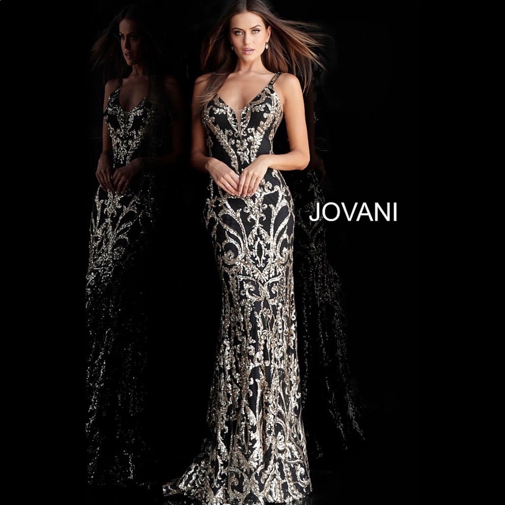 JOVANI 63350 Plunging Neck Fitted Embellished Gown
